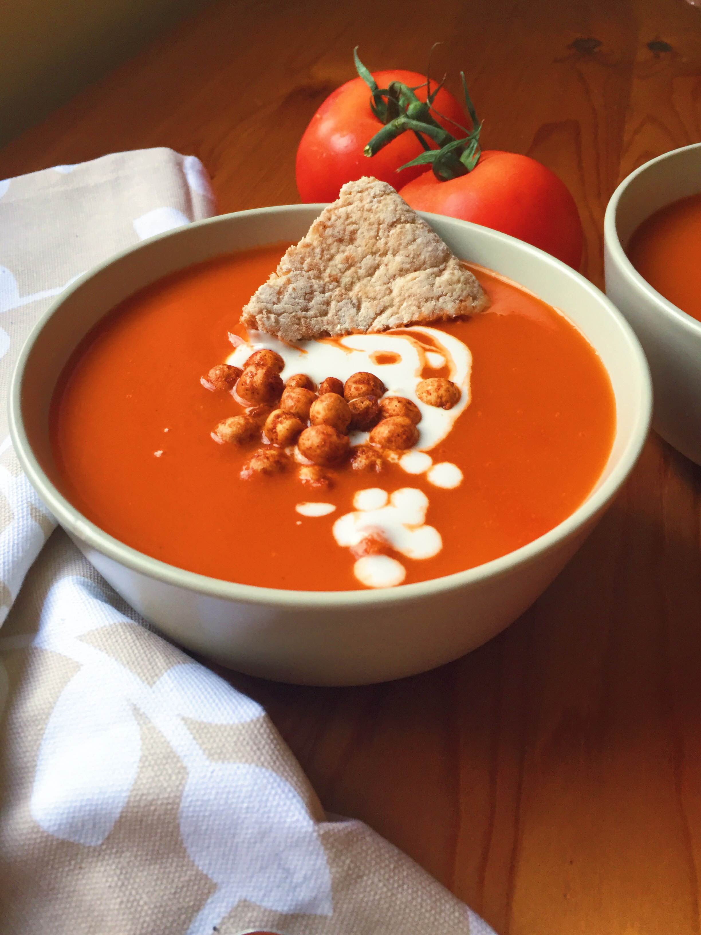Roasted Tomato & Coconut Milk Soup with Chilli Lime Roasted Chickpeas