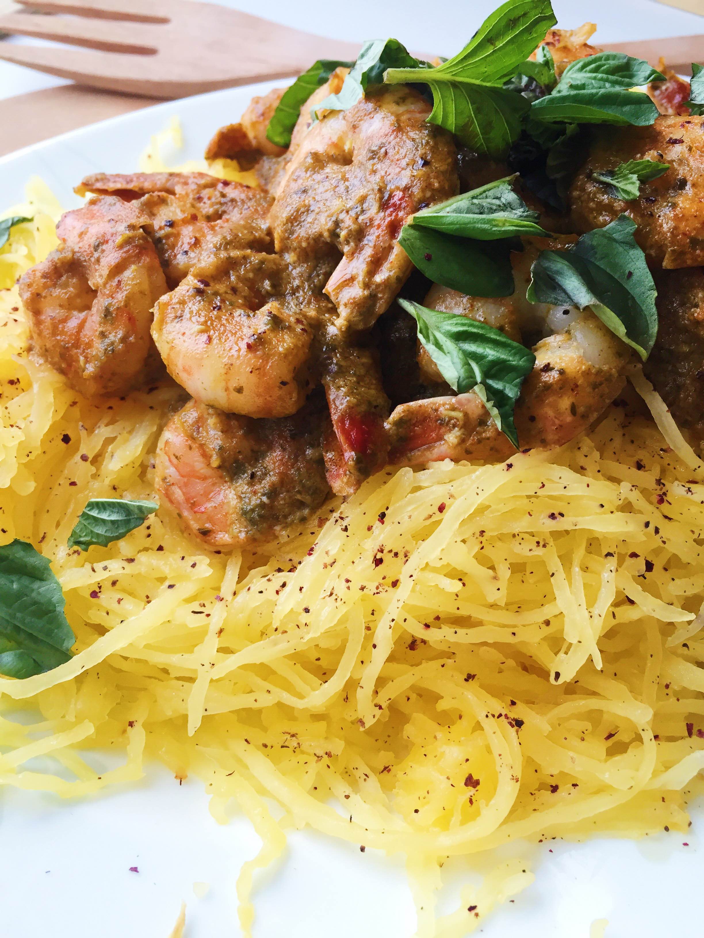 Spaghetti Squash with Sautéed Cajun Shrimp