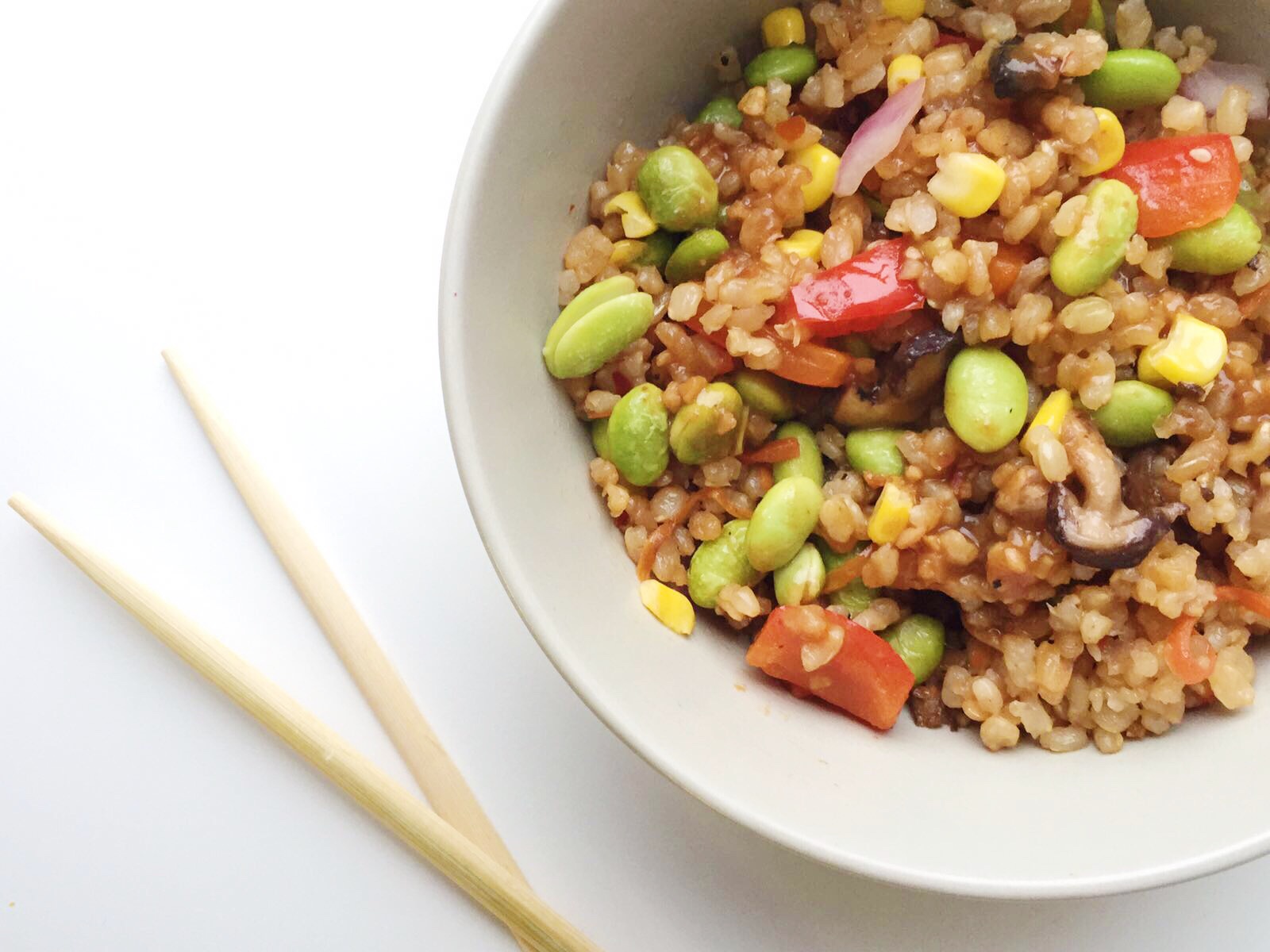 Brown Fried Rice Bowl with Veggies & Peanut Satay Sauce