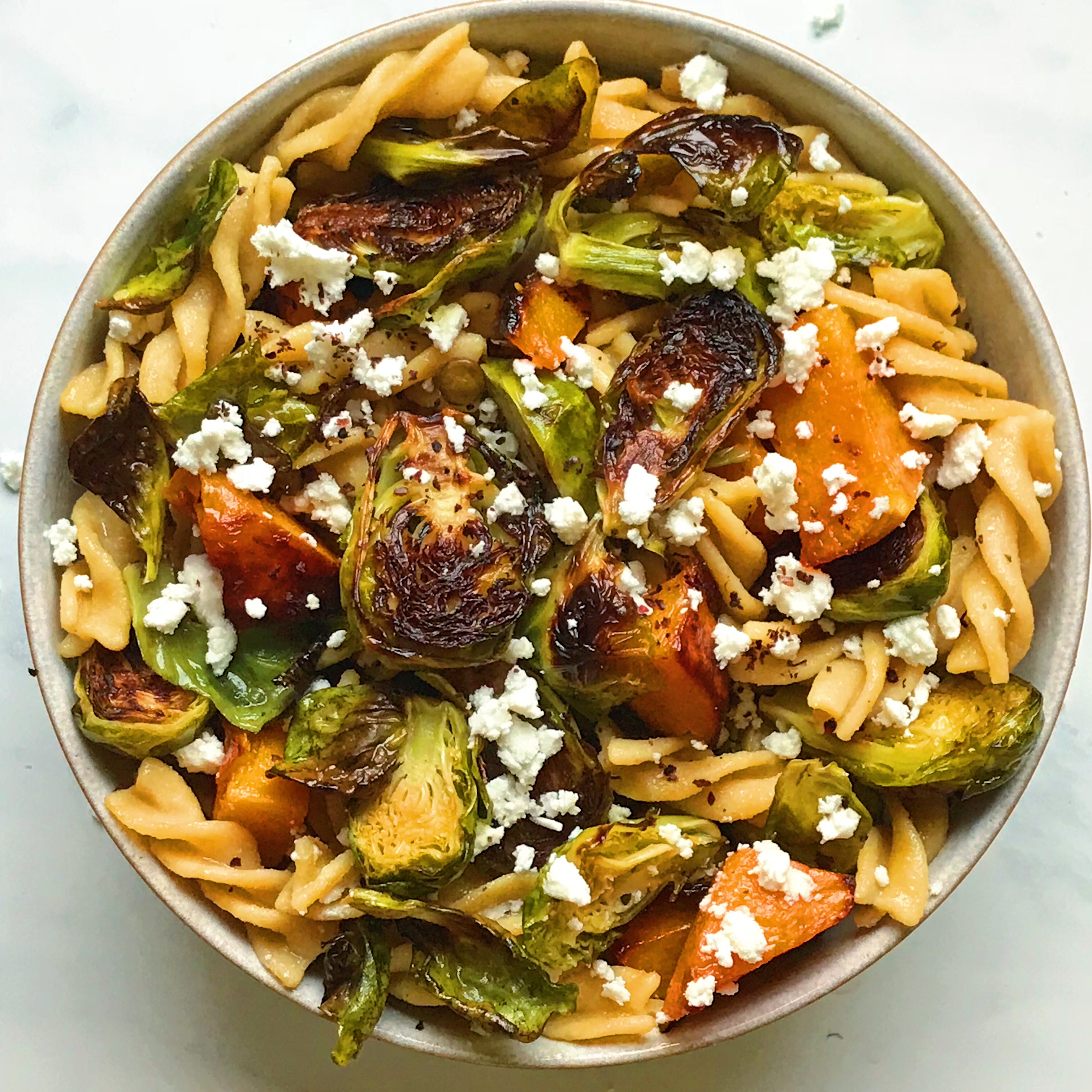 Roasted Butternut Squash and Balsamic Brussels Chickpea Fusilli